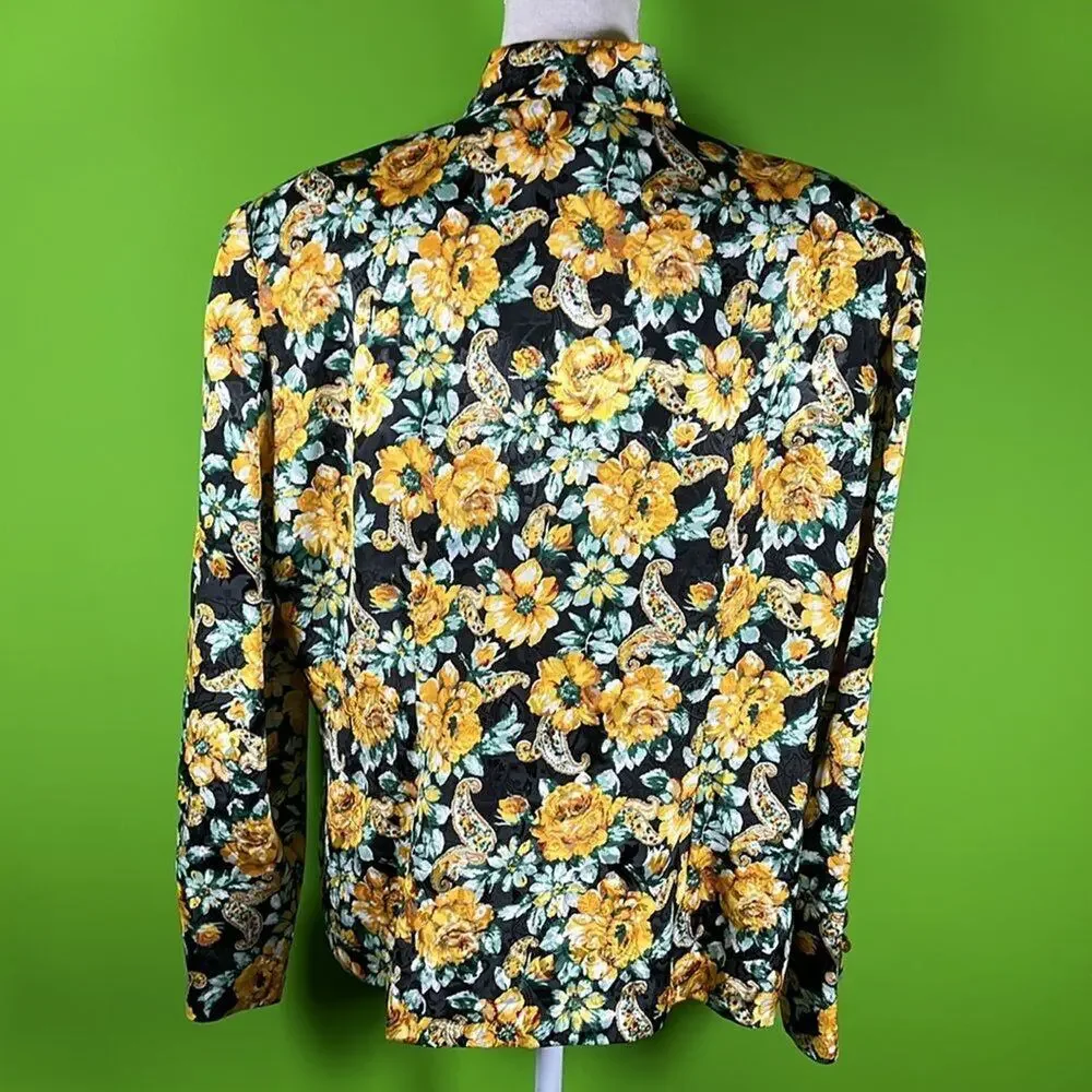 Leslie Fay Vibrant Floral Black Yellow Green Jacket Size 18 - Picture 5 of 9